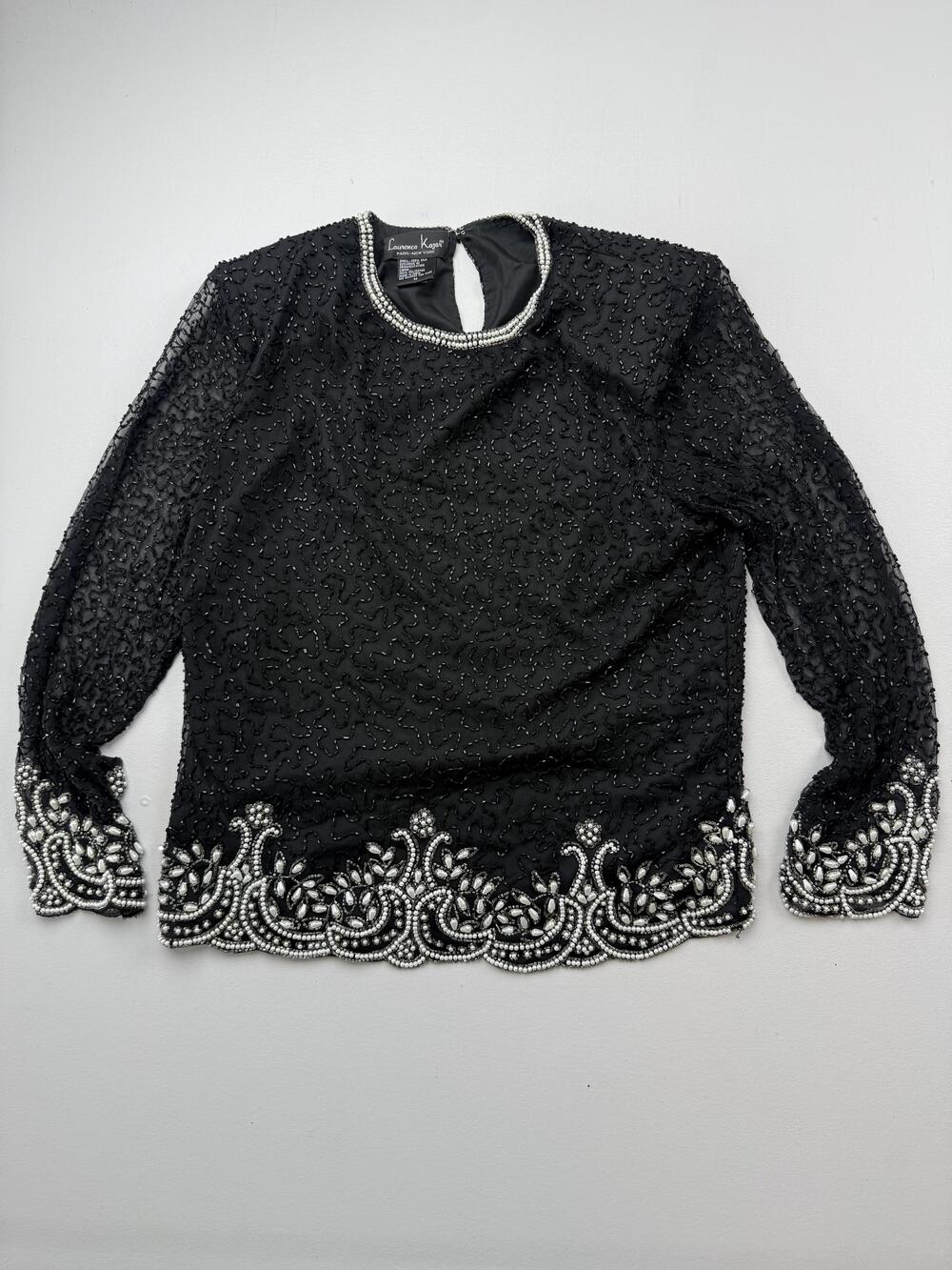 Laurence Kazar Blouse Womens M Black Round Neck Long Sleeve Beaded Sequin Top